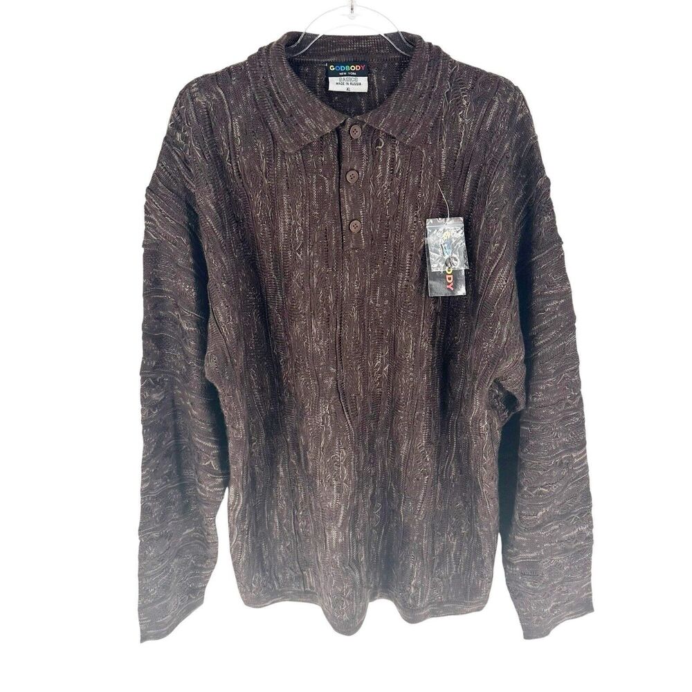 Godbody Sweater Mens XL Brown 3D Knit Geometric 90s Biggie Cosby Grandpa NEW